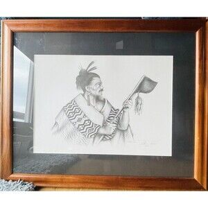 MAORI Warrior Man Framed Etching Tribal Tattoo Holding Taiaha By William Mahon ?